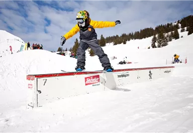 A young skier performs tricks on a snow slope. Other athletes and a snowy landscape can be seen around him.