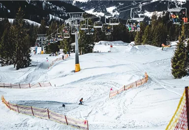 A snowy mountain landscape with skiers on the slopes. In the background, there are chairlifts and tall fir trees.