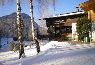 A cozy café-restaurant in winter. The surroundings are covered in snow and surrounded by trees, with mountains in the background.