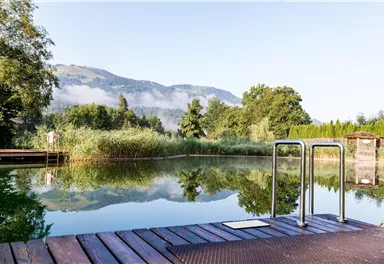 Ein ruhiger Natursee mit grünem Ufer und sanften Bergen im Hintergrund. Die Wasseroberfläche spiegelt die umgebende Landschaft wider.