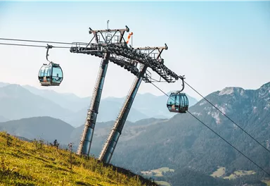 A cable car with blue gondolas glides over a green meadow. In the background, majestic mountains and a clear sky can be seen.