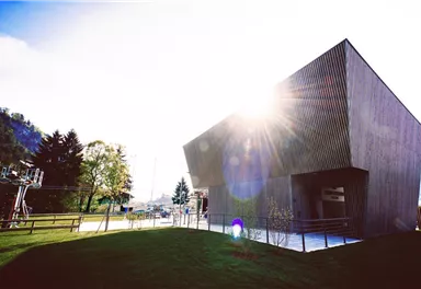 Ein modernes Gebäude mit einer strukturierten Holzfassade steht vor einer Landschaft mit Bäumen. Die Sonne scheint hell und erzeugt eine warme Atmosphäre.