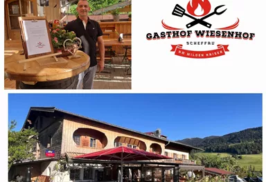 An inviting inn with a cozy restaurant area and a beautiful outdoor terrace. In the background, the Wiesenhof inn can be seen, surrounded by green landscape.