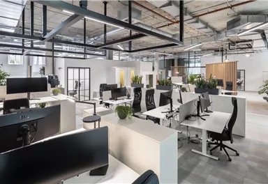 Ein modernes Büro mit hellen Arbeitsplätzen und ergonomischen Stühlen. Pflanzen und große Fenster sorgen für eine angenehme Atmosphäre.