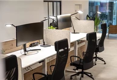 Ein moderner Arbeitsplatz mit mehreren Schreibtischen und Computermonitoren. Die Umgebung ist hell und freundlich, mit Pflanzen und stilvollen Bürostühlen.