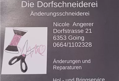 An advertisement for a tailor shop named "The Village Tailor." It includes the contact details and services such as alterations and repairs.