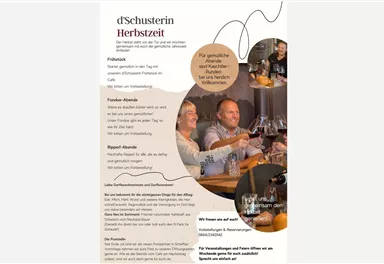 Ein einladendes Gastronomie-Motiv mit Menschen, die an einem Tisch anstoßen. Dazu Informationen über saisonale Angebote und Veranstaltungen in der Herbzeit.