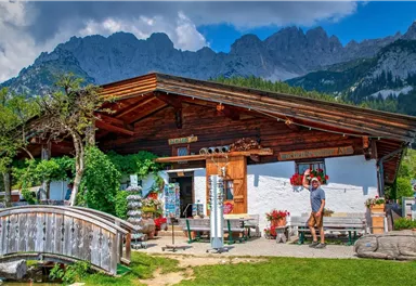 Eine malerische Berghütte mit Holzstruktur und blühenden Blumen im Vordergrund. Im Hintergrund sind majestätische Berge und ein klarer Himmel zu sehen.