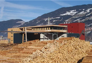 A modern building next to stacked wood in a mountainous landscape. In the background, snow-covered mountains and a clear sky can be seen.
