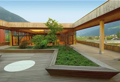 A modern courtyard with wooden flooring and surrounding plants. In the background, mountains and a clear sky can be seen.