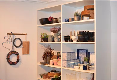 A modern shelving unit with various decorative items and plants. The shelves are neatly organized and provide a pleasant atmosphere.