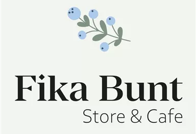 A stylish logo for "Fika Bunt Store & Café". It features a tasteful font with a small plant and blue berries.