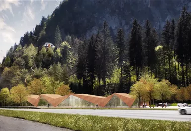 Eine moderne Architektur vor einer Bergkulisse, umgeben von Bäumen und bunten Pflanzen. Die Landschaft ist fließend und harmonisch mit der Natur verbunden.