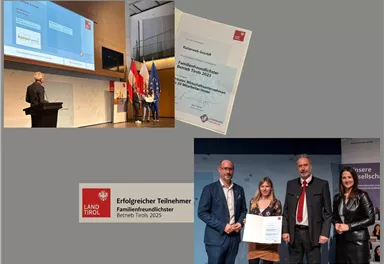 A presentation with a speaker and an award for participation in a competition. The image also shows the logo and the award winners.