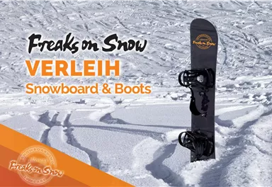 A snowboard stands in the snow with a clear track in the background. The text describes the rental of snowboards and boots.