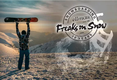 A snowboarder stands on a mountain peak holding his snowboard high. In the background, snowy mountains and a sunny sky can be seen.