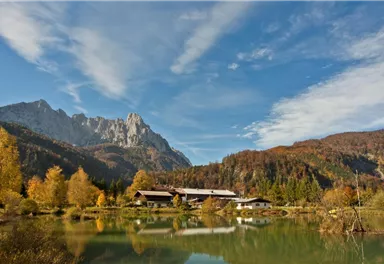 Eine malerische Landschaft mit Bergen und einem ruhigen See. Die bunten Herbstbäume spiegeln sich im Wasser.
