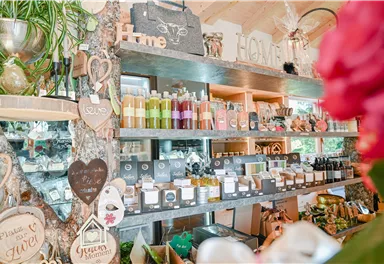 A cozy shop with shelves full of natural products and decorative items. There are colored bottles, soaps, and lovely wooden signs for decoration.