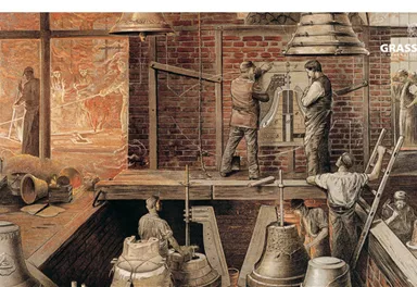 Eine historische Werkstatt zeigt Handwerker, die an großen Glocken arbeiten. Im Hintergrund sind verschiedene Werkzeuge und Materialien zu sehen.