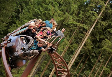 Eine Achterbahn mit fröhlichen Fahrgästen schlängelt sich durch einen Wald. Die Menschen haben Spaß und genießen die Fahrt in der Natur.