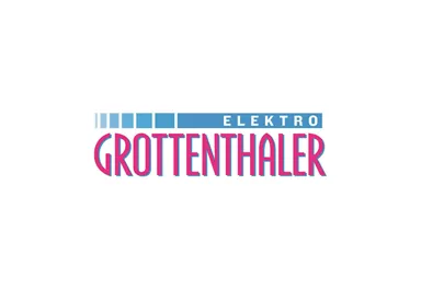 Ein helles Logo für das Unternehmen Elektro Grottenthaler. Es verwendet eine moderne Schriftart in Blau und Pink.