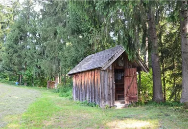 A small, rustic cabin stands in a green meadow, surrounded by tall trees. The sky is clear, and the setting appears idyllic and tranquil.