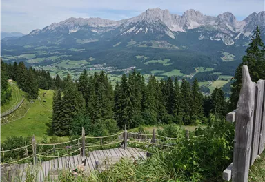 Eine atemberaubende Berglandschaft mit hohen Gipfeln und grünen Wäldern. Im Vordergrund ist ein Holzgeländer, das den Blick auf die umliegende Natur freigibt.