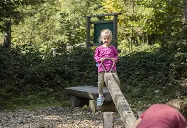 A girl is standing on a seesaw at the playground. It is a sunny day surrounded by trees.