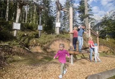 A group of children is playing on a wooden structure in the forest. The sun is shining and the landscape is green and inviting.