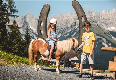 Zwei Kinder stehen neben einem Ponny in den Bergen. Im Hintergrund sind hohe Berge und ein blauer Himmel zu sehen.