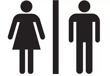 Ein Symbol für Toiletten. Links eine weibliche Figur und rechts eine männliche Figur, getrennt durch eine Linie.