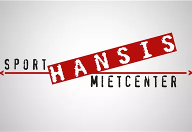 Ein Logo des Unternehmens "Sport Hansis Mietcenter". Es zeigt den Namen in auffälligen Buchstaben mit horizontalen Pfeilen.