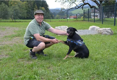 Ein Mann kniet im Gras und hält die Pfote eines Hundes. Der Hund lächelt und trägt ein Geschirr.