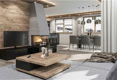 A modern living room with a wood stove and a stylish coffee table. Large windows offer a view of the surrounding landscape.