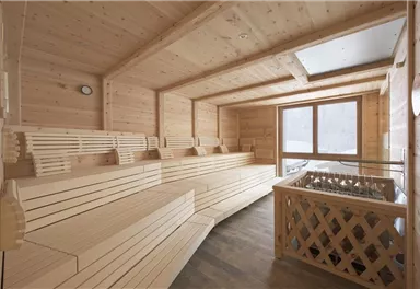 Eine helle Sauna mit Holzverkleidung und bequemen Bänken. Große Fenster bieten einen schönen Ausblick auf die Natur.