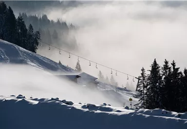 Eine verschneite Berglandschaft mit einer Seilbahn und dichten Nebelschwaden. Umgeben von schneebedeckten Bäumen vermittelt die Szene eine ruhige, winterliche Atmosphäre.