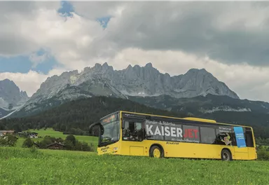 Ein gelb lackierter Bus steht auf einer grünen Wiese, umgeben von beeindruckenden Bergen. Der Himmel ist teils bewölkt, was eine malerische Landschaft schafft.