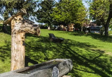A wooden fountain stands in a green meadow with trees in the background. The water jet flows gently from the wooden basin.