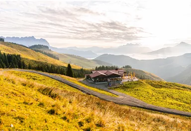 Eine malerische Landschaft mit sanften Hügeln und Bergen im Hintergrund. Im Vordergrund befindet sich ein rustikales Gebäude, umgeben von einer goldenen Wiese.