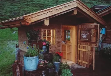 Ein gemütliches Holzhaus inmitten einer grünen Landschaft. Blumen und Pflanzen schmücken den Eingangsbereich.