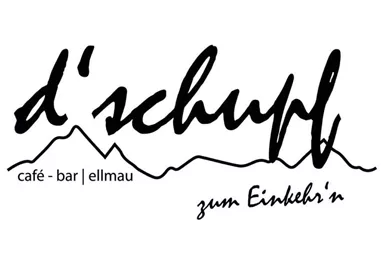 A simple logo for a café and bar named "d'schupf" in Ellmau. The design features stylized mountains and an inviting font.