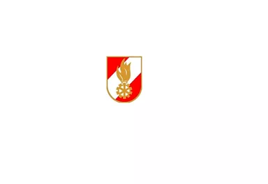 A coat of arms with a red and white shield and a golden symbol. The emblem shows a flame and a flower.