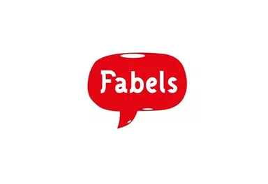Ein rotes Sprechblasen-Logo mit dem Text "Fabels". Es vermittelt eine freundliche und einladende Botschaft.