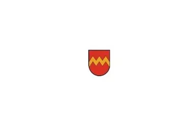 A coat of arms in red with two yellow points. It has a simple, clear shape.