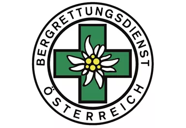 Das Logo des Bergrettungsdienstes Österreich zeigt ein grünes Kreuz mit einer Edelweissblume. Der Text umrandet das Symbol und betont den Dienst.