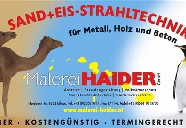 Ein Werbebanner mit Kamelen und Pinguinen, das Dienstleistungen im Bereich Sand- und Eisstrahltechnik für Metall, Holz und Beton bewirbt. Der Hintergrund ist farbenfroh gestaltet.