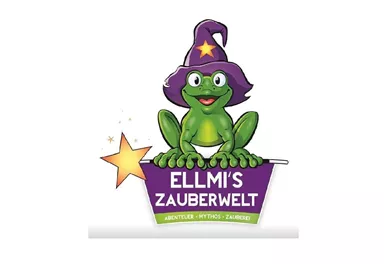 Ein grüner Frosch mit einem Zauberhut sitzt auf einem Zauberstab. Das Logo gehört zu "Ellmi's Zauberwelt" und vermittelt ein magisches Erlebnis.
