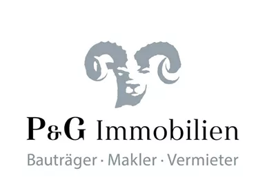A logo of P&G Real Estate featuring a stylized ram's head. It displays the terms developer, broker, and landlord.