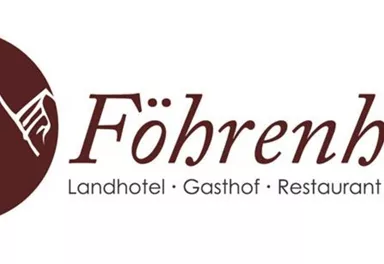 A logo of the Föhrenhof, a country hotel with an inn and restaurant. It features stylized trees and mountains in a simple, elegant font.
