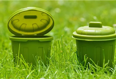 Two green garbage bins are standing on green grass. One of the bins is open and shows its contents.